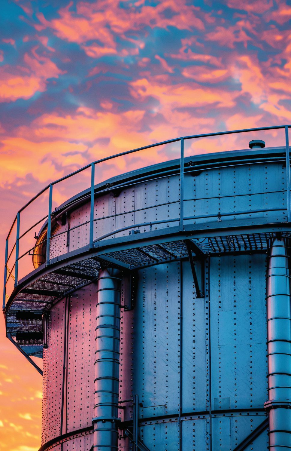 Storage tanks at sunset