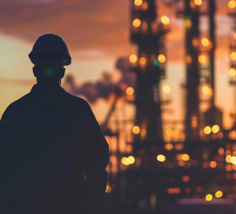 Operator overseeing a refinery at dusk